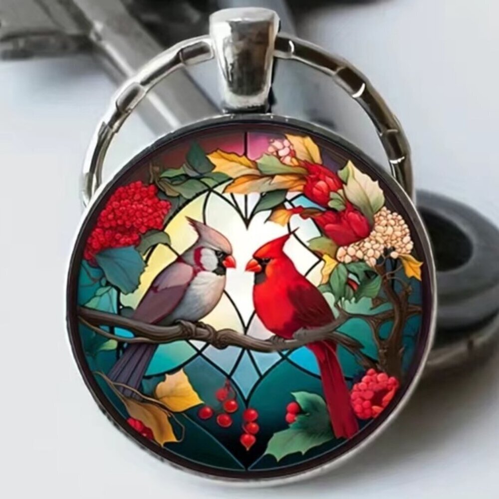 Cardinal Keychain Stained Glass Birds Motif Keyring Pendant Floral Multipurpose - Picture 10 of 15